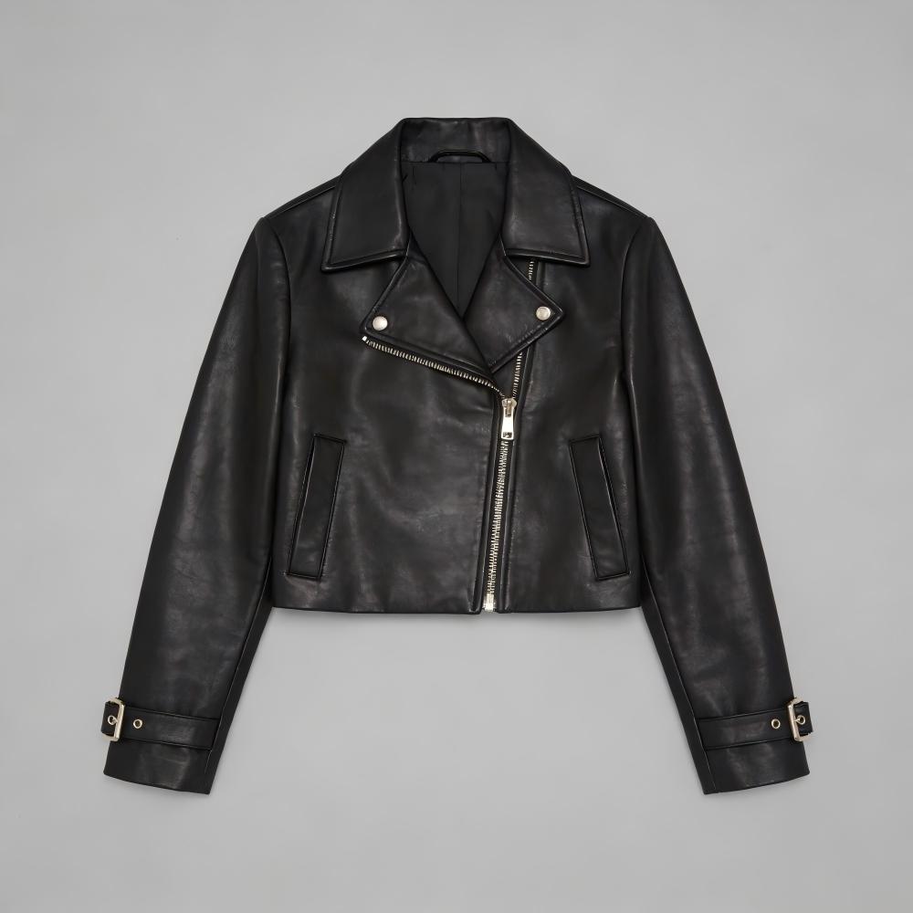 Black leather short jacket, classic biker style outfit